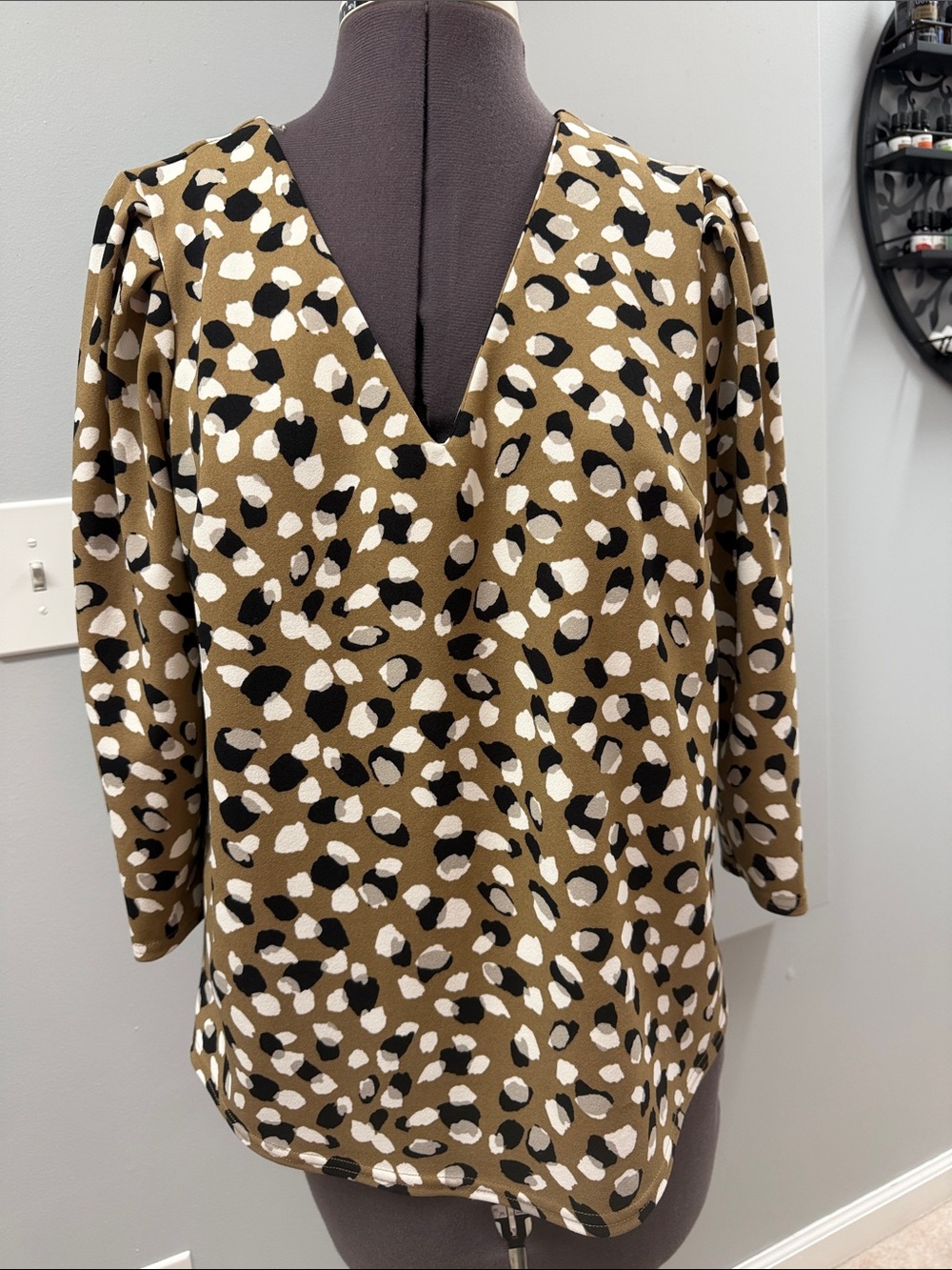 MELLODAY Olive Animal Print V-Neck Blouse with Black & Cream Spots